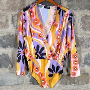 ZARA Accessories Retro Floral Print Long Sleeve Wrap Bodysuit Women's Medium